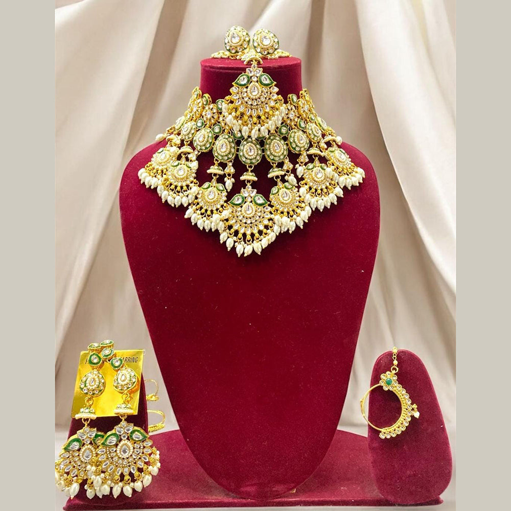 JewelMaze Gold Plated Kundan Stone And Beads Meenakari Choker Necklace Set - 10731360DP