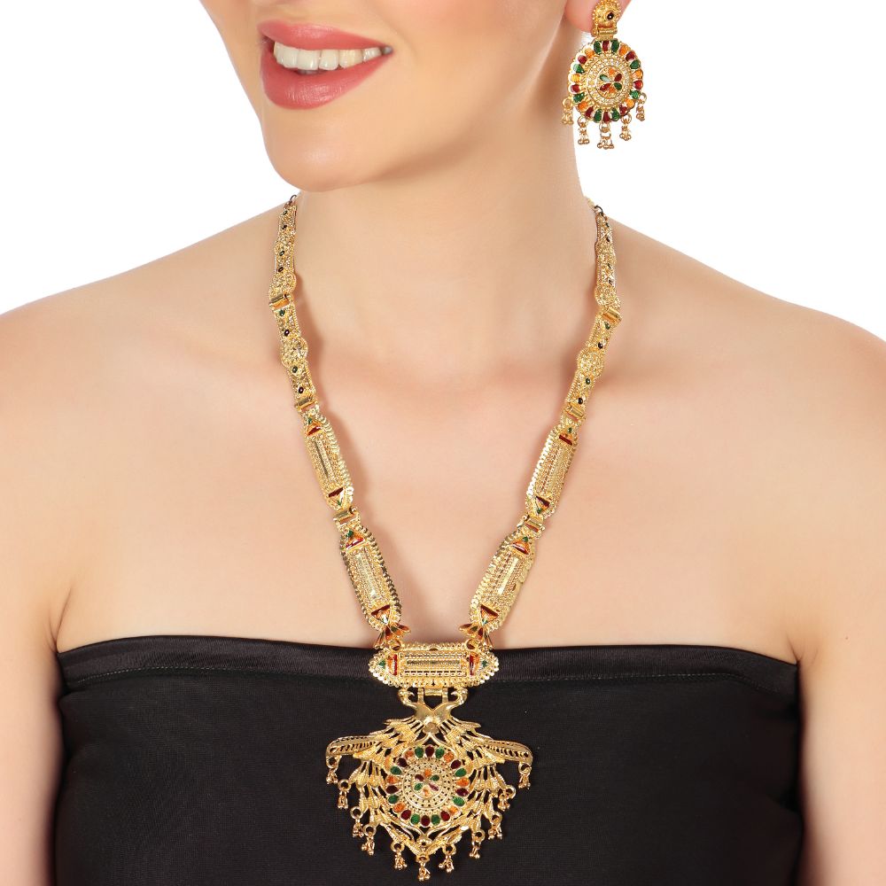 Jewelmaze Forming Look Traditional Long Necklace Set Elegant Jewelry for Women