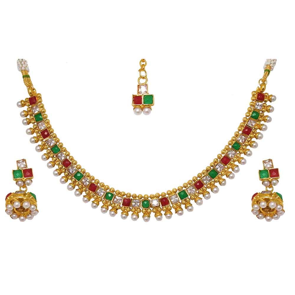 JewelMaze Elegant Gold with pearl Choker Necklace Set For Women