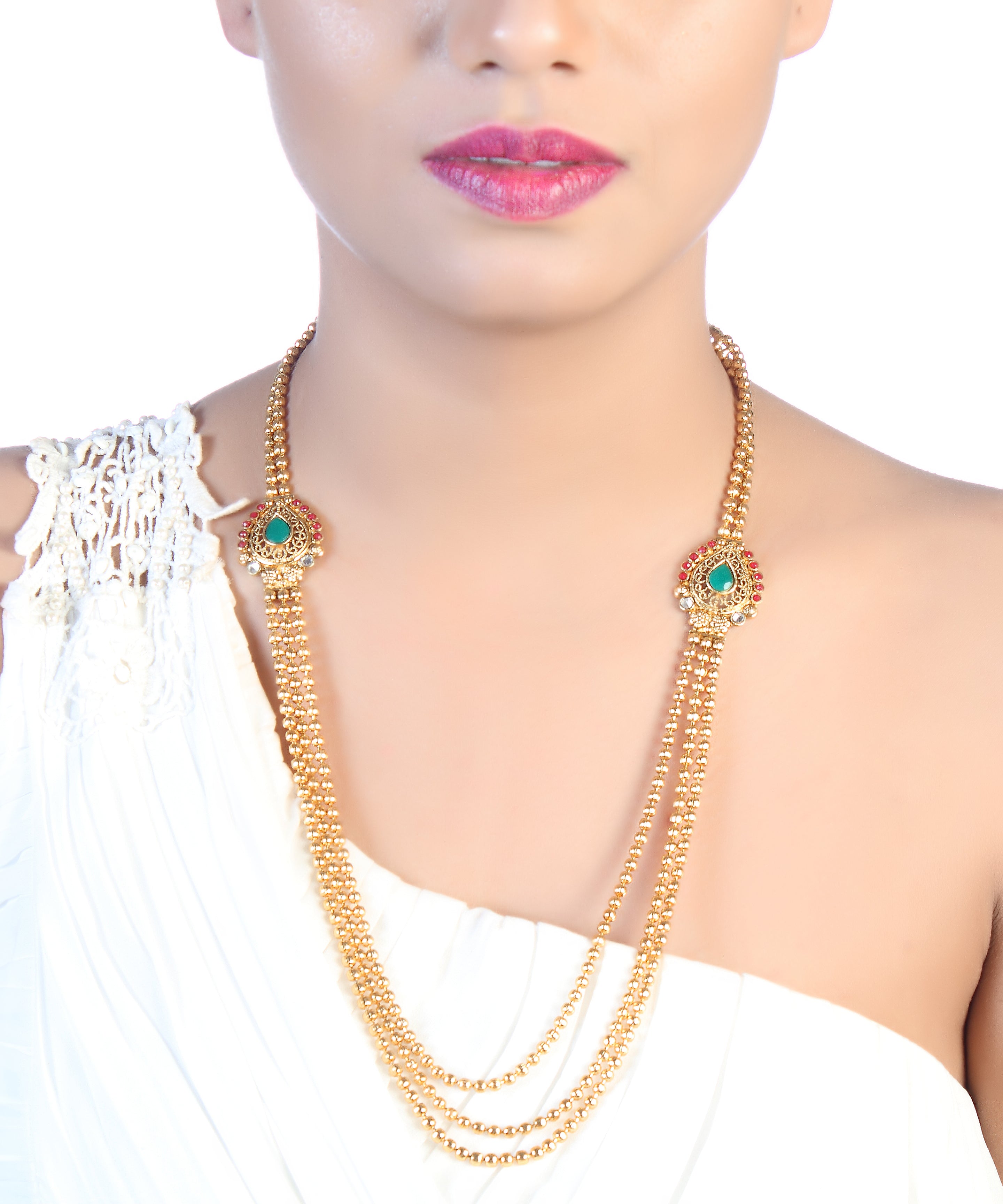 JewelMaze Green Austrian Stone Gold Plated Traditional Necklace Set