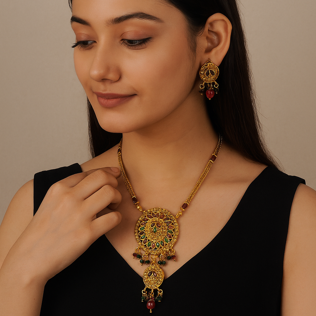 JewelMaze Gold Plated Maroon Austrian Stone Necklace Set