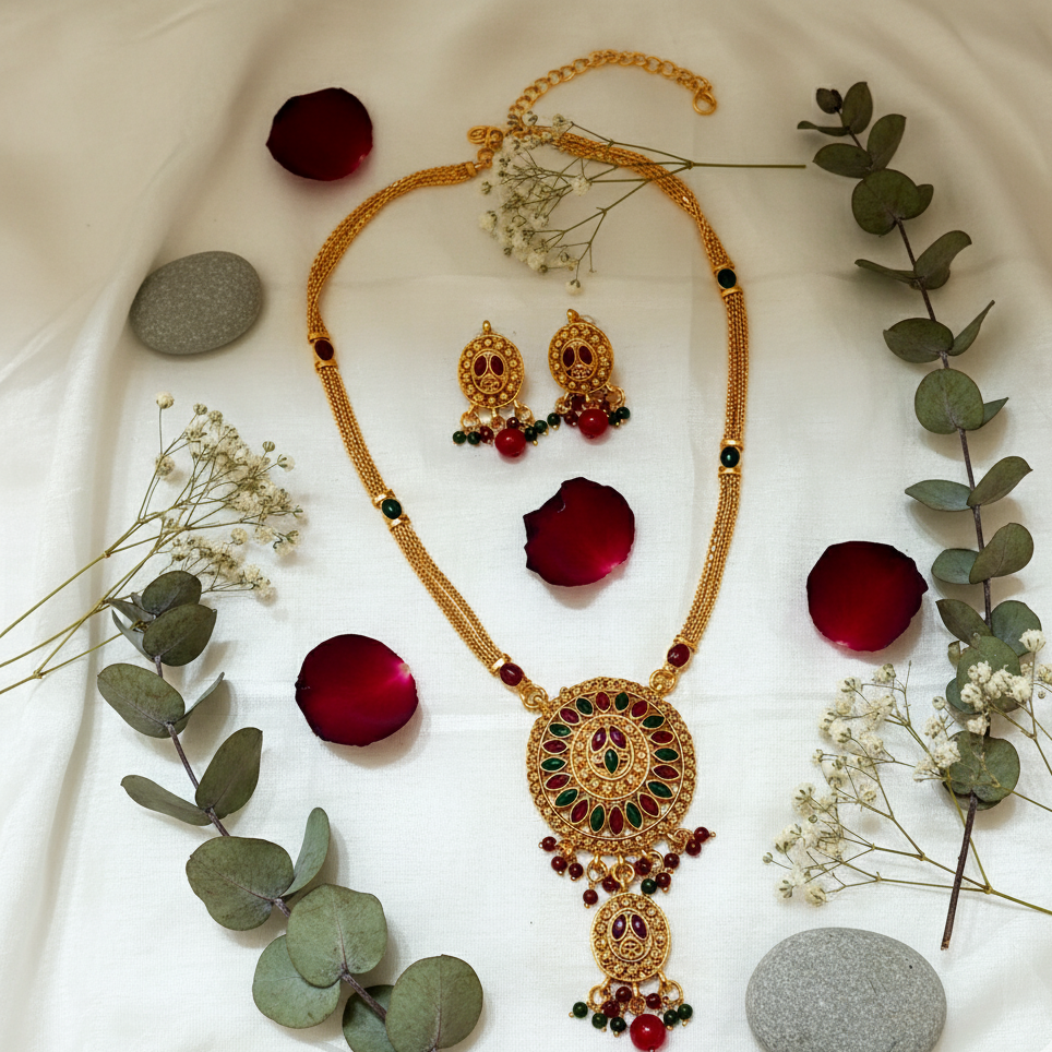 JewelMaze Gold Plated Maroon Austrian Stone Necklace Set