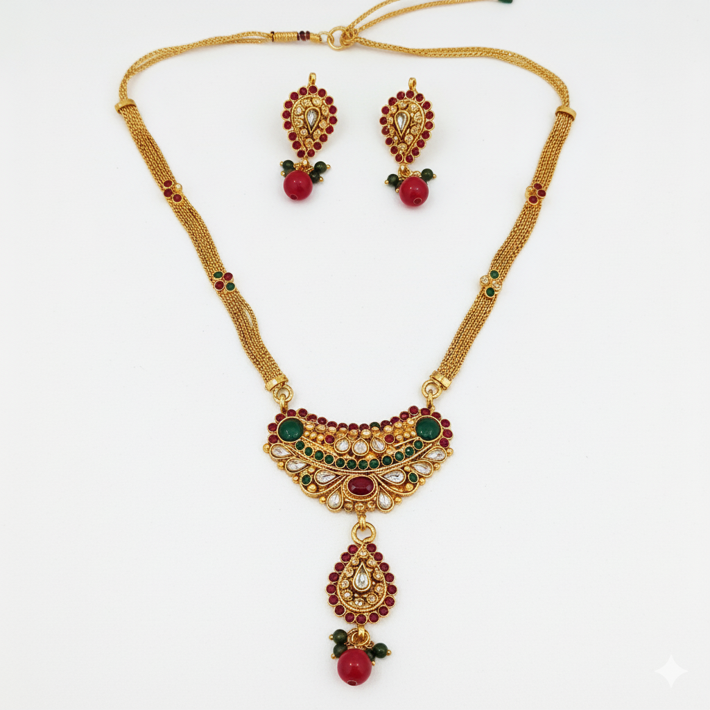JewelMaze Gold Plated Green Austrian Stone Necklace Set