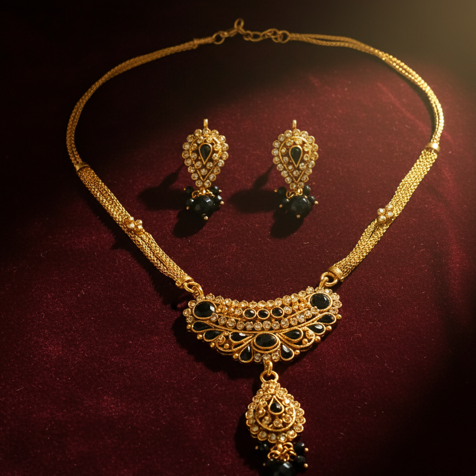 JewelMaze Gold Plated Black Austrian Stone Necklace Set