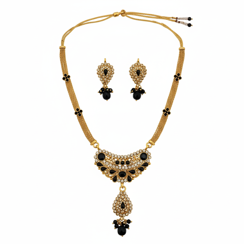 JewelMaze Gold Plated Black Austrian Stone Necklace Set