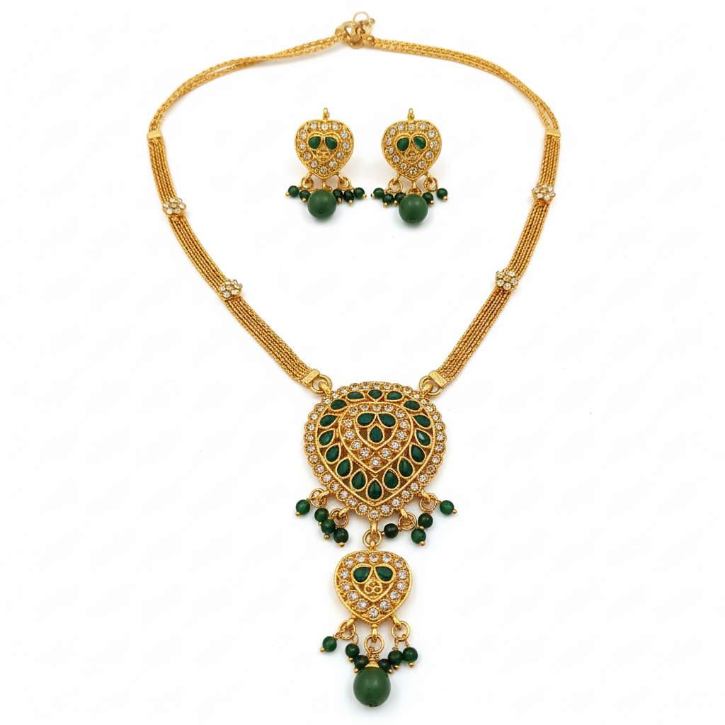JewelMaze Gold Plated Green Austrian Stone Necklace Set