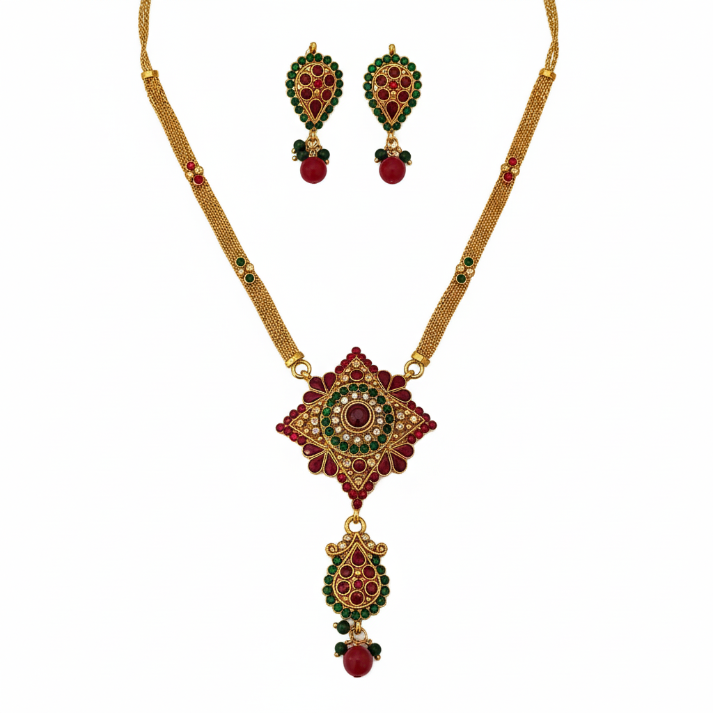 JewelMaze Gold Plated Green Austrian Stone Necklace Set