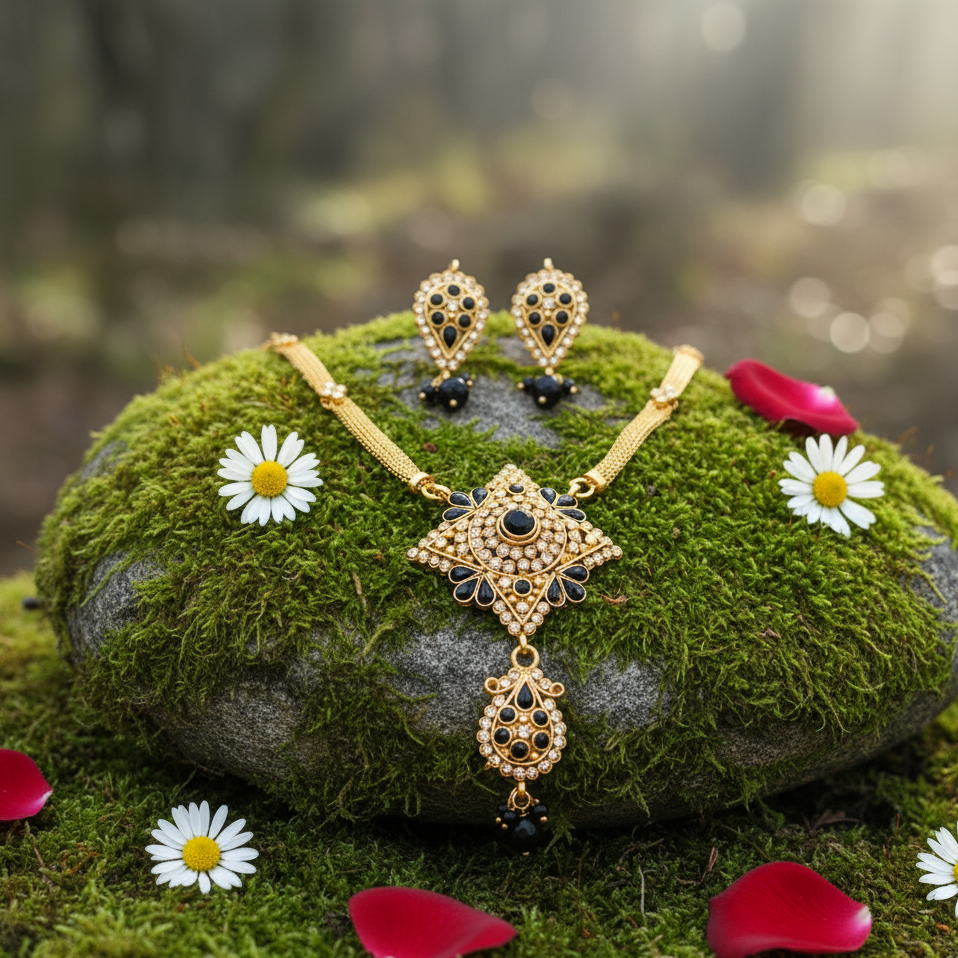 JewelMaze Gold Plated Black Austrian Stone Necklace Set