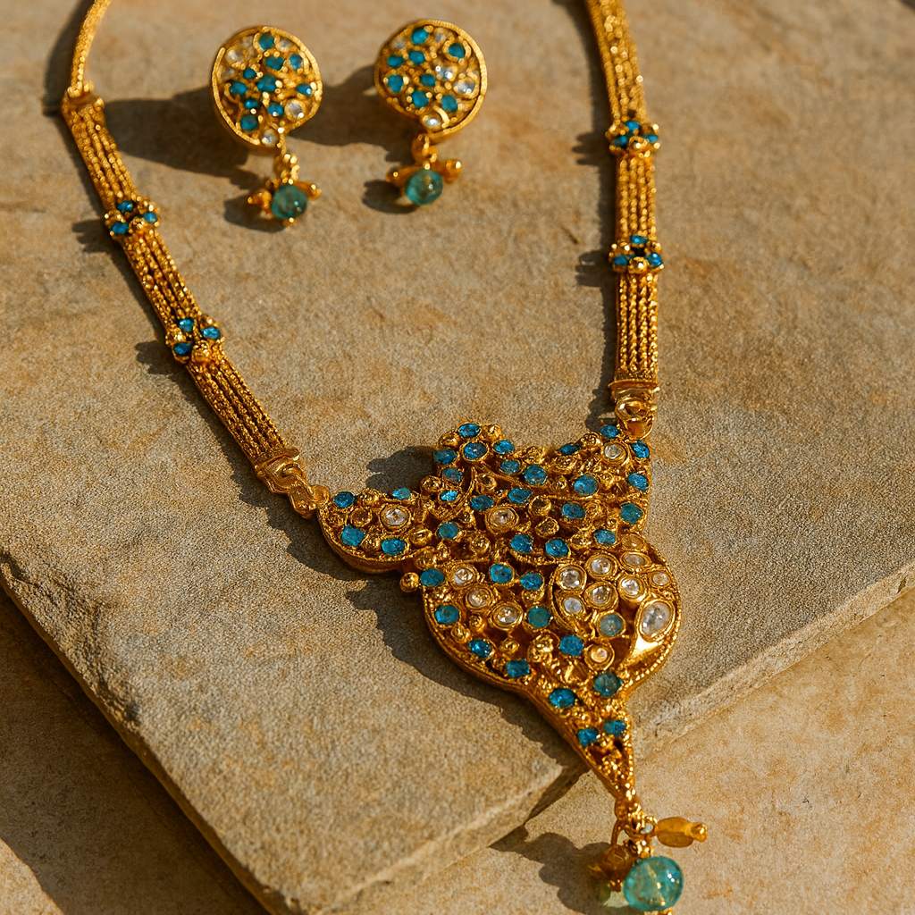 JewelMaze Gold Plated Blue Austrian Stone Necklace Set