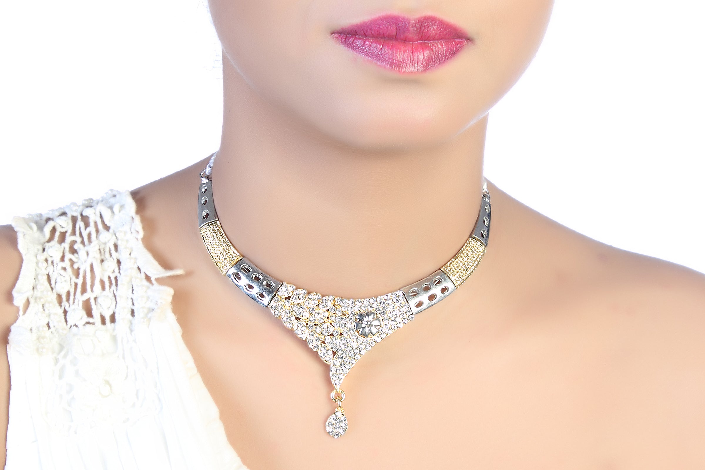 JewelMaze 2 Tone Plated Austrian Stone Necklace Set