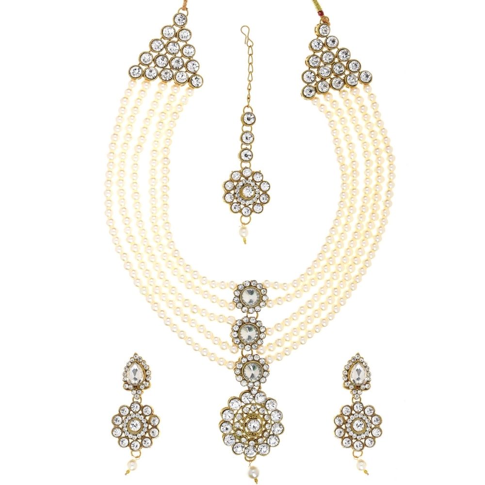 JewelMaze Dazziling Austrian and Pearl Long Necklace Set