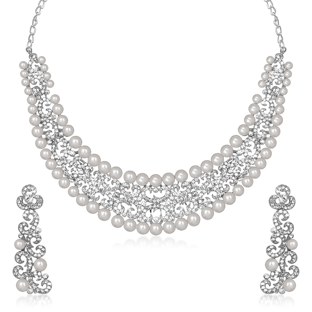 JewelMaze Sparkling Austrian Stone and Pearl Necklace Set