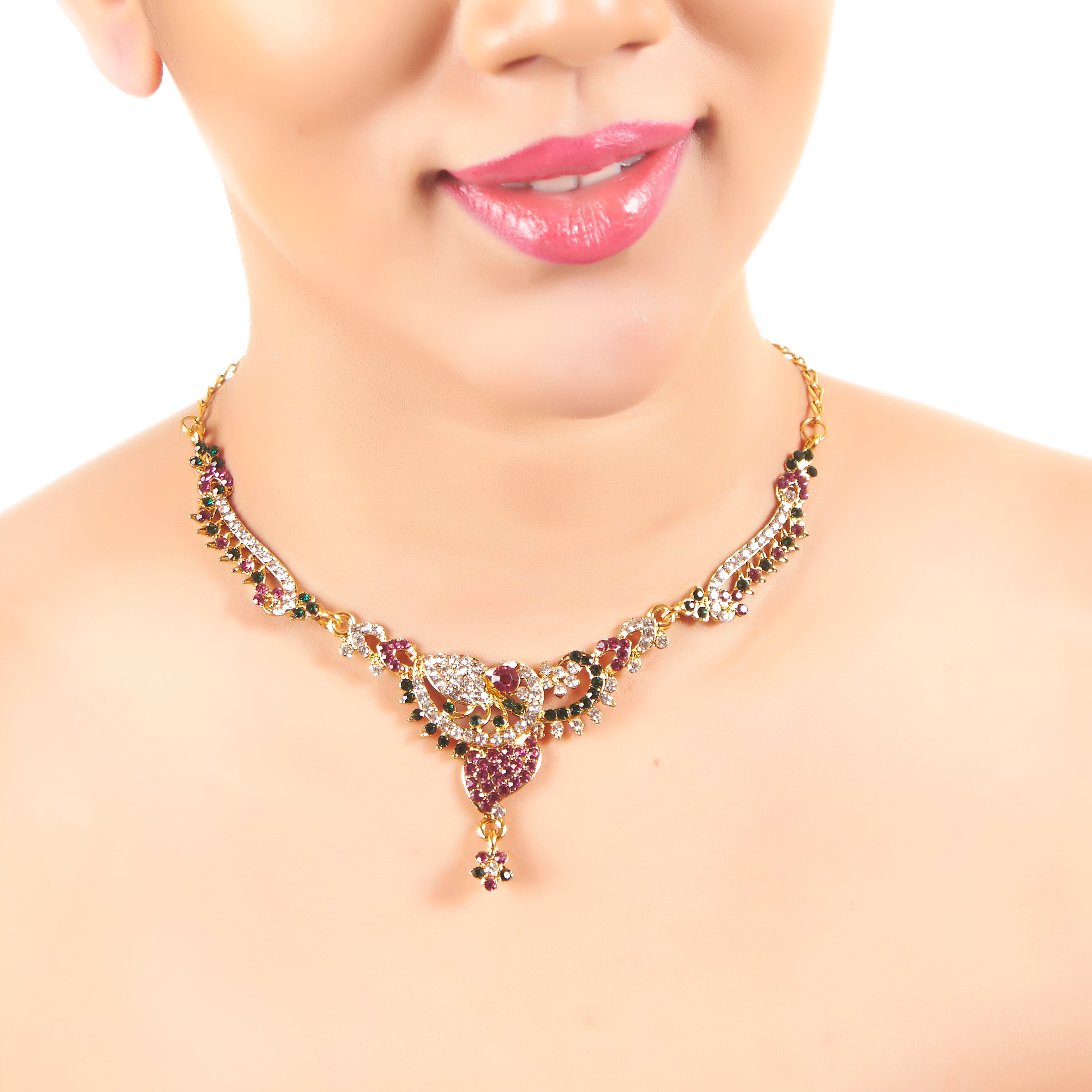 JewelMaze Pink Austrian Stone Gold Plated Necklace Set
