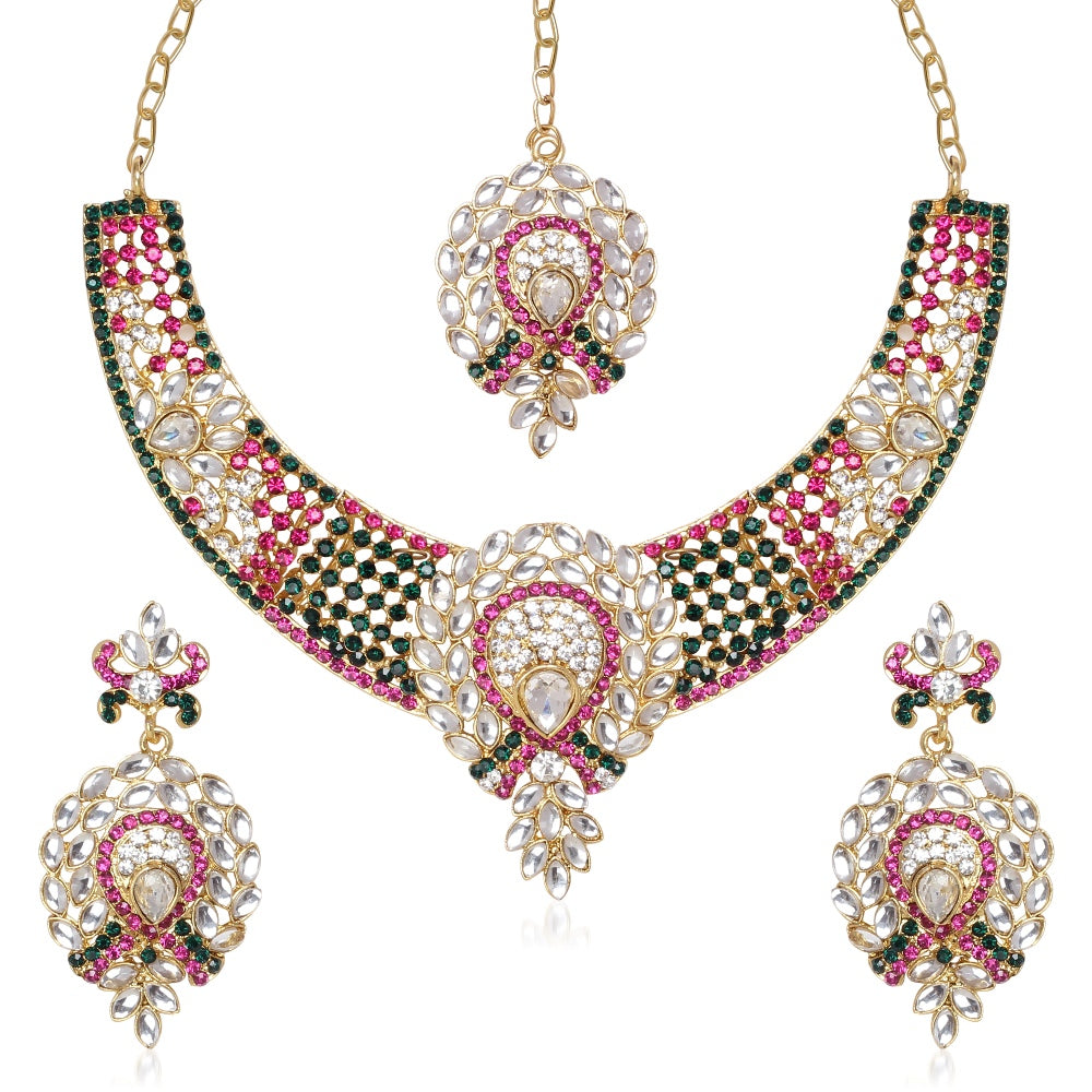 JewelMaze Green & Pink Austrian Stone Gold Plated Necklace Set With Maang Tikka