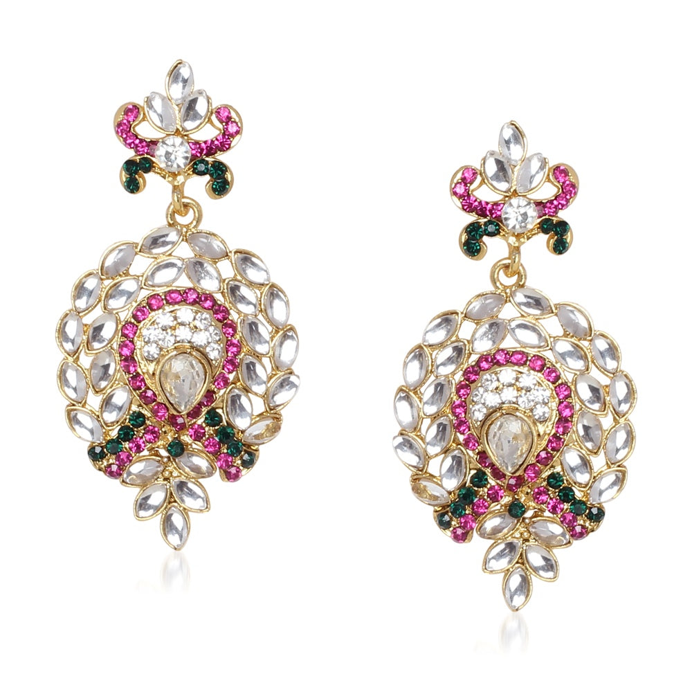 JewelMaze Green & Pink Austrian Stone Gold Plated Necklace Set With Maang Tikka