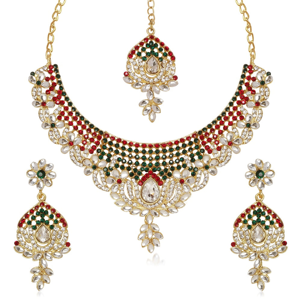 JewelMaze Gold Plated Maroon & Green Austrian Stone Necklace Set With Maang Tikka