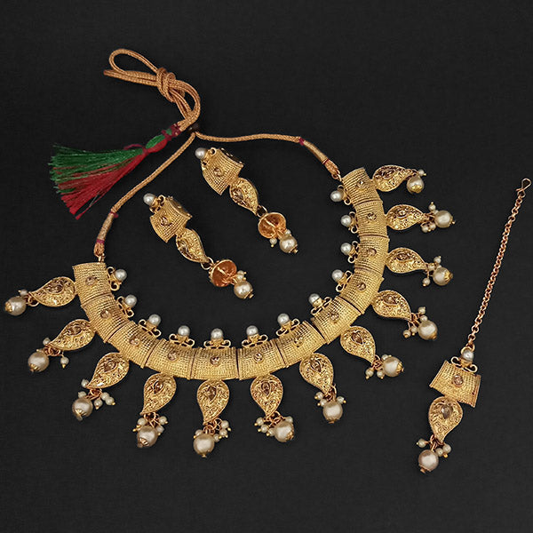JewelMaze Brown Austrian Stone And Pearl Necklace Set With Maang Tikka