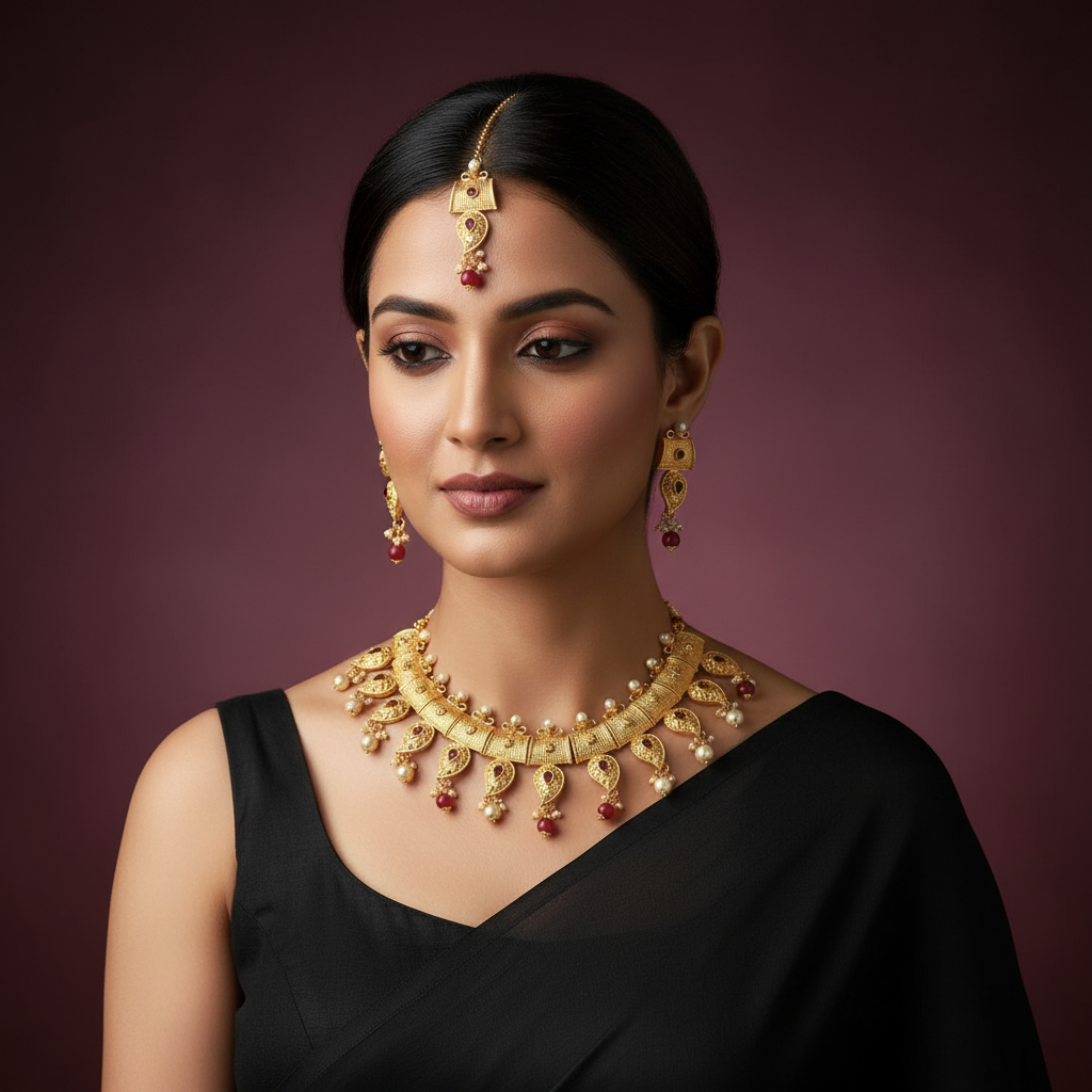 JewelMaze Maroon Austrian Stone And Pearl Necklace Set With Maang Tikka