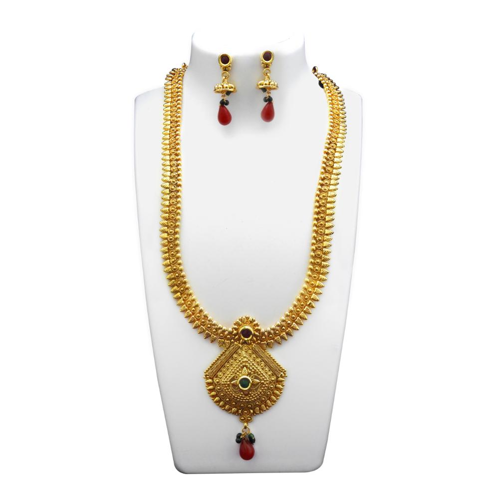 JewelMaze Gold Plated Green Pota Stone Copper Necklace Set
