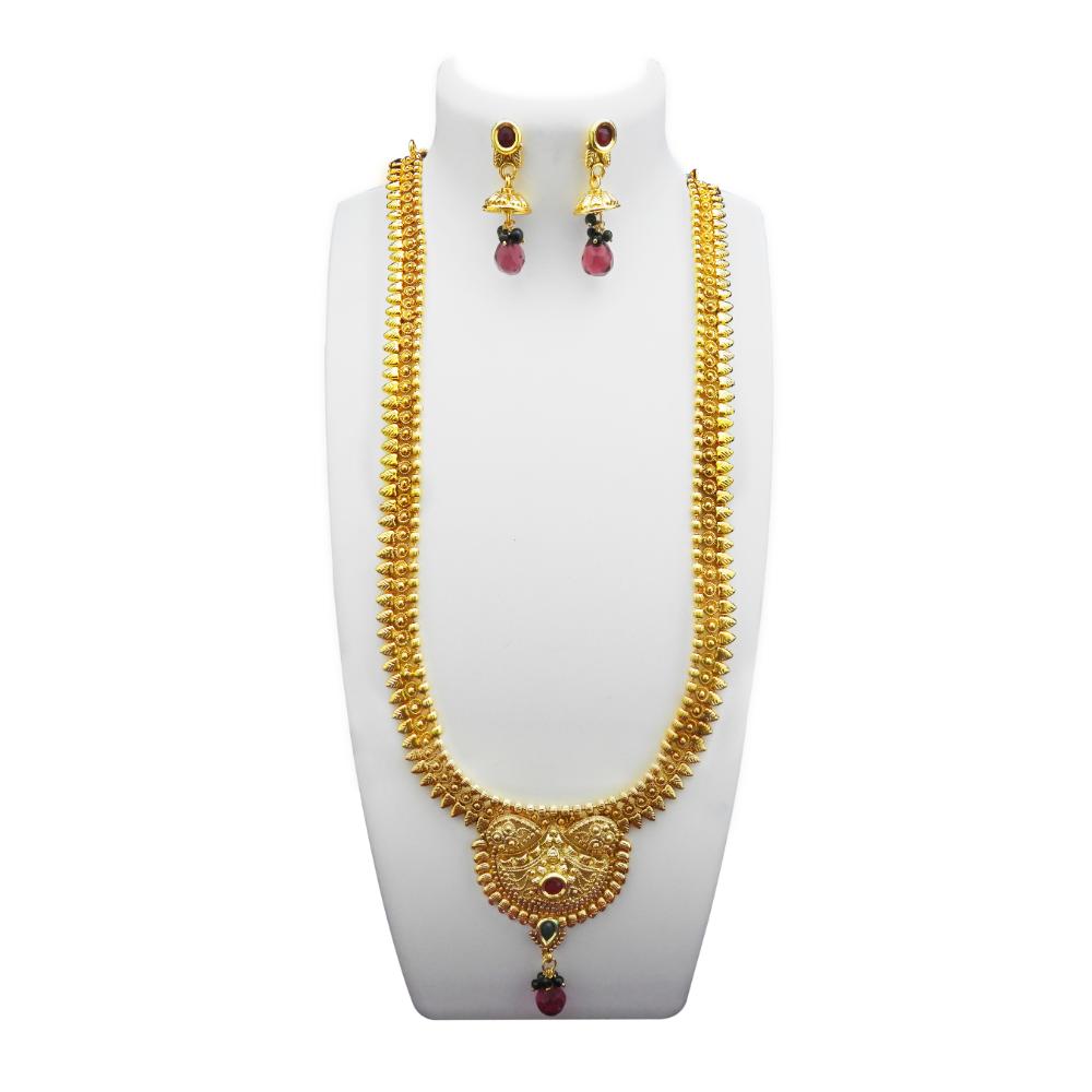 JewelMaze Gold Plated Maroon Pota Stone Copper Necklace Set