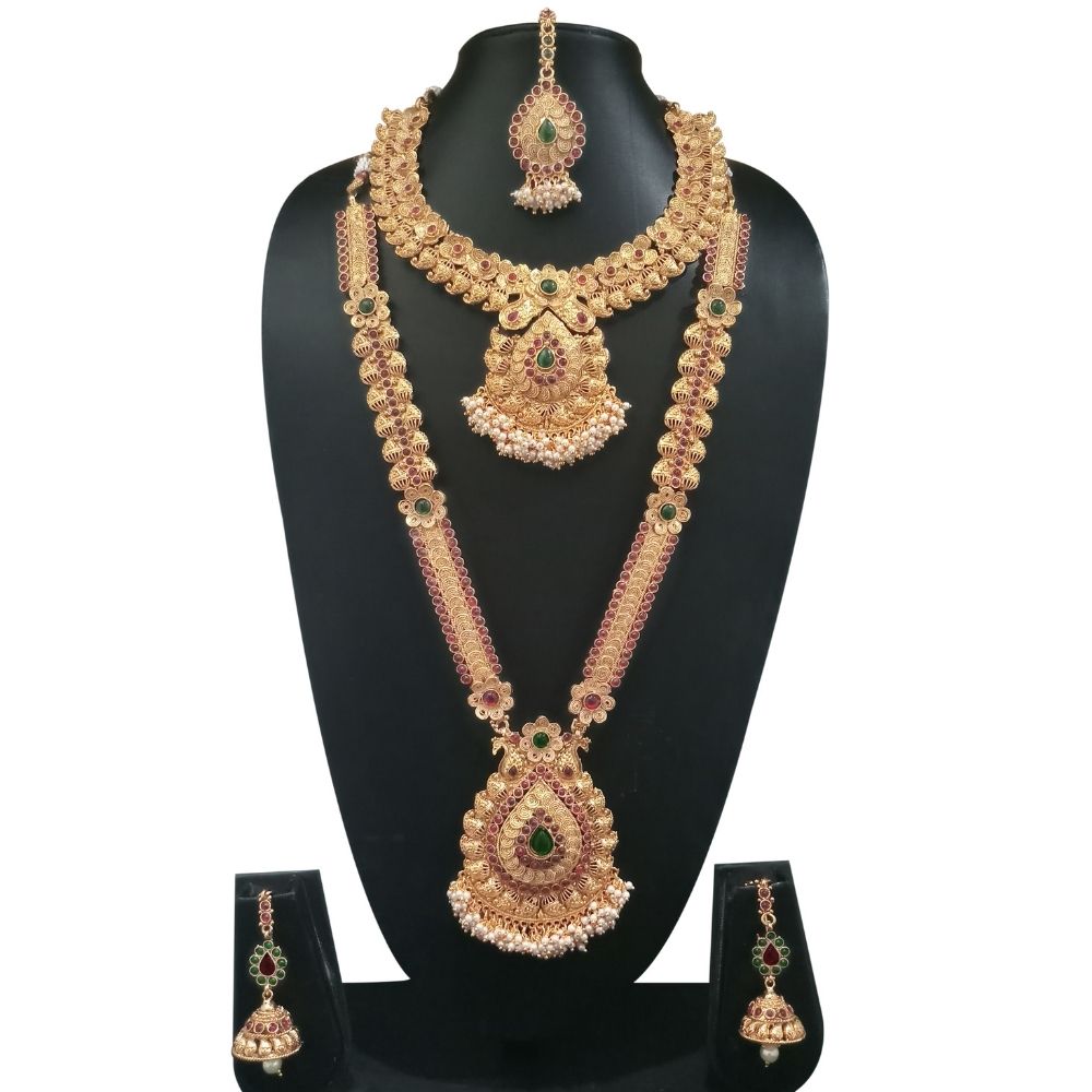 JewelMaze Traditional Pota Stone Long and short Necklace set