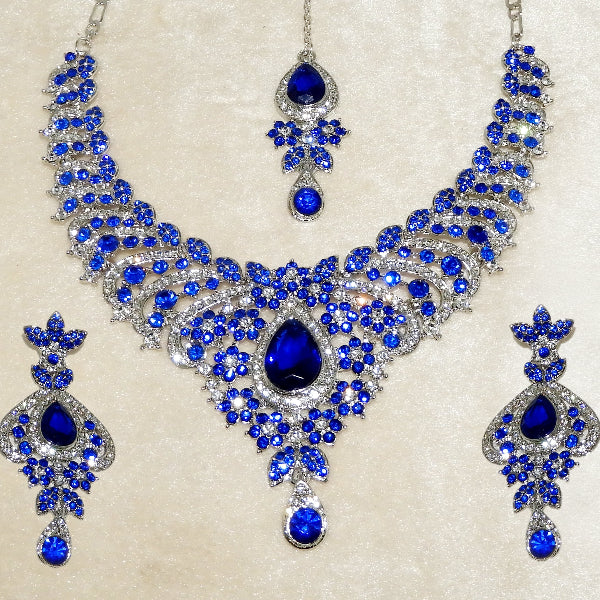 JewelMaze Art Silver Plated Austrian Stone Necklace Set With Maang Tikka - 1108521F