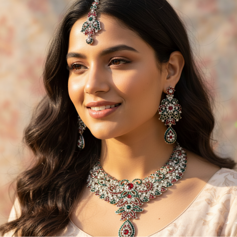 JewelMaze Art Silver Plated Austrian Stone Necklace Set With Maang Tikka - 1108521F