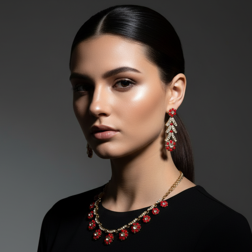 JewelMaze Gold Plated Red Austrian Stone Necklace Set - 1108537