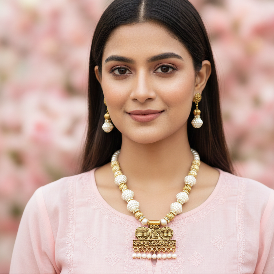 JewelMaze Ethnic Pearl & Gold Plated Pendant Necklace Set