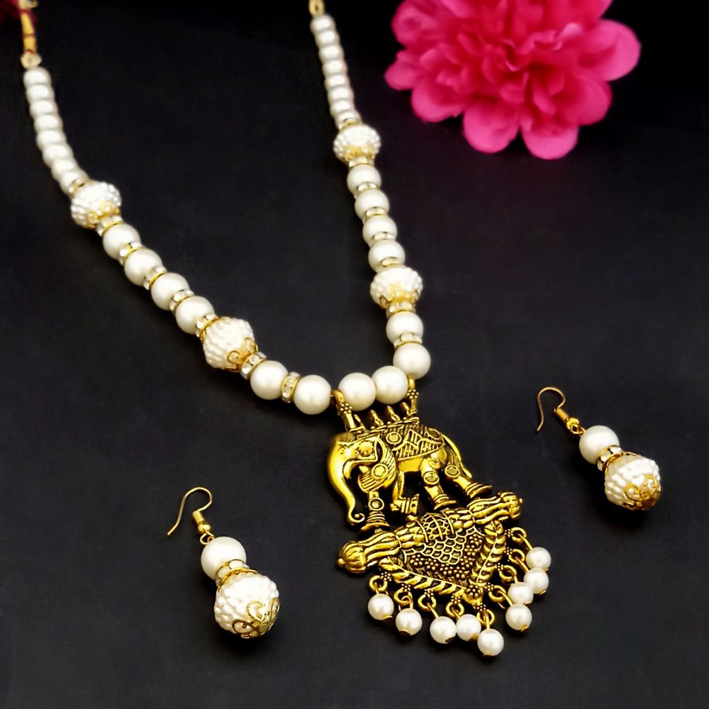 JewelMaze Ethnic Pearl & Gold Plated Elephant Motif Pendant Necklace Set
