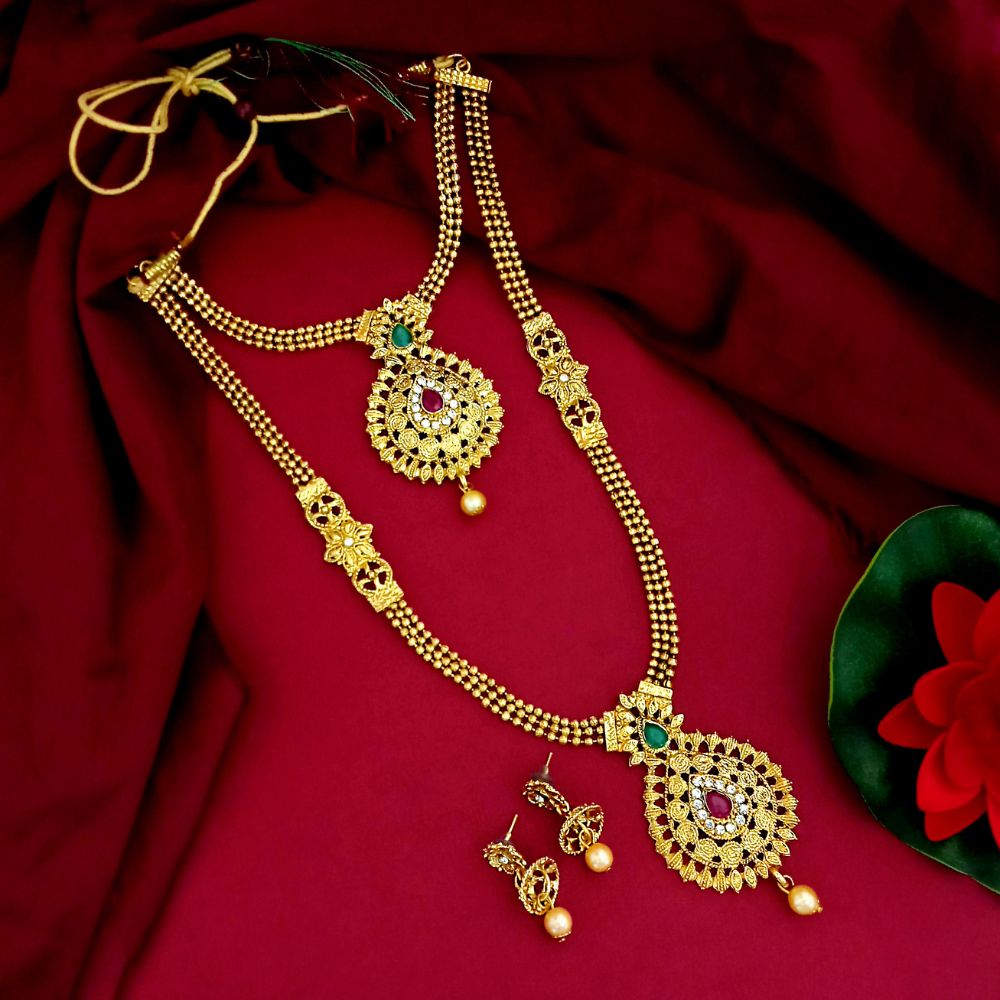 JewelMaze Traditional Pota stone Short and long necklace set