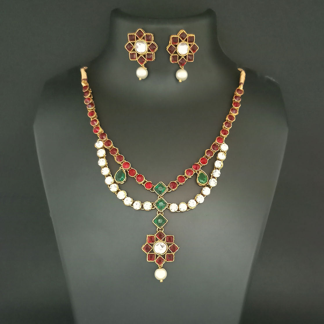 JewelMaze Maroon Kundan Stone Gold Plated Necklace Set