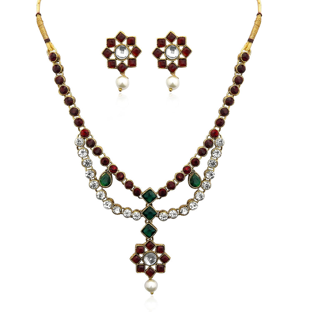 JewelMaze Maroon Kundan Stone Gold Plated Necklace Set