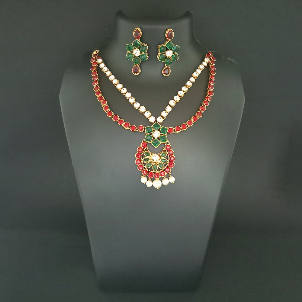 JewelMaze Red Kundan Stone Gold Plated Necklace Set