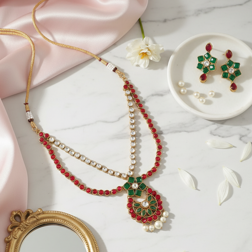 JewelMaze Red Kundan Stone Gold Plated Necklace Set