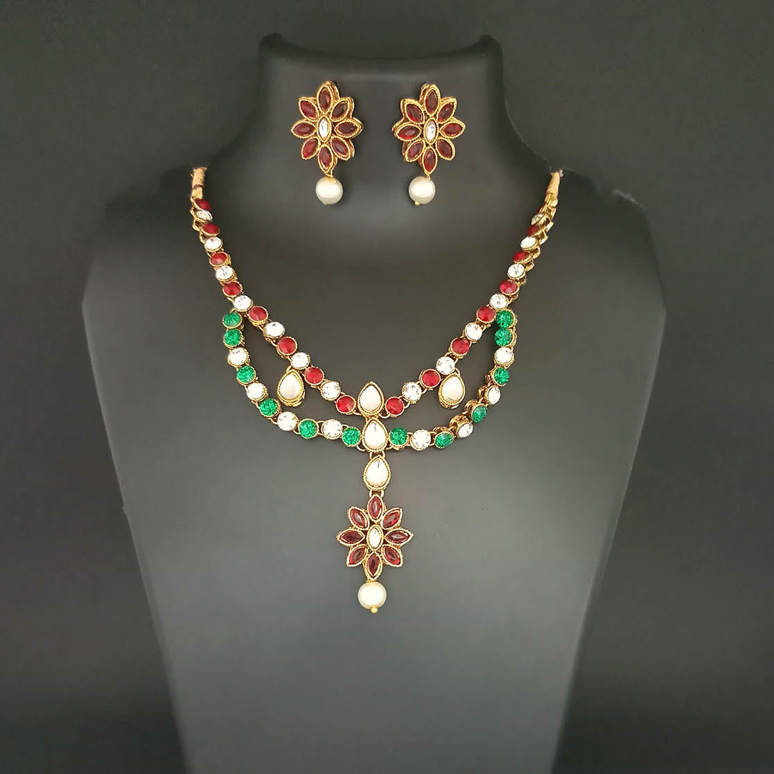 JewelMaze Maroon Kundan Stone Gold Plated Necklace Set