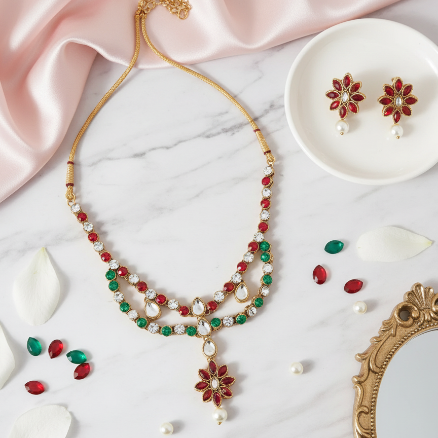 JewelMaze Maroon Kundan Stone Gold Plated Necklace Set