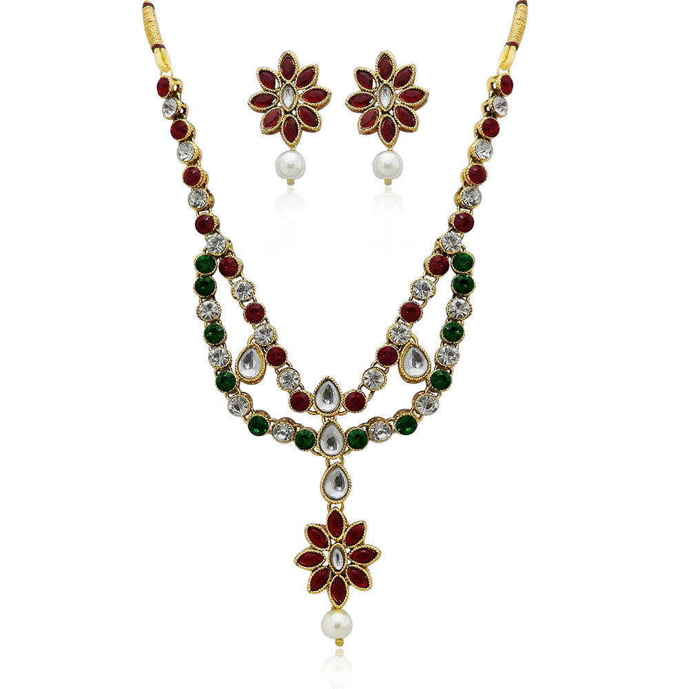 JewelMaze Maroon Kundan Stone Gold Plated Necklace Set