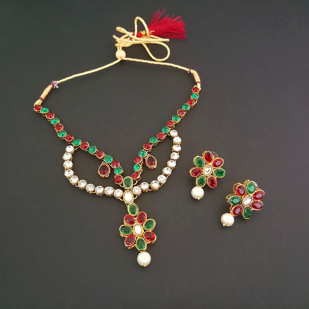 JewelMaze Maroon Kundan Stone Gold Plated Necklace Set