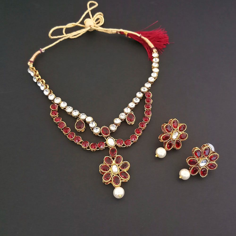 JewelMaze Gold Plated Maroon Kundan Stone Necklace Set