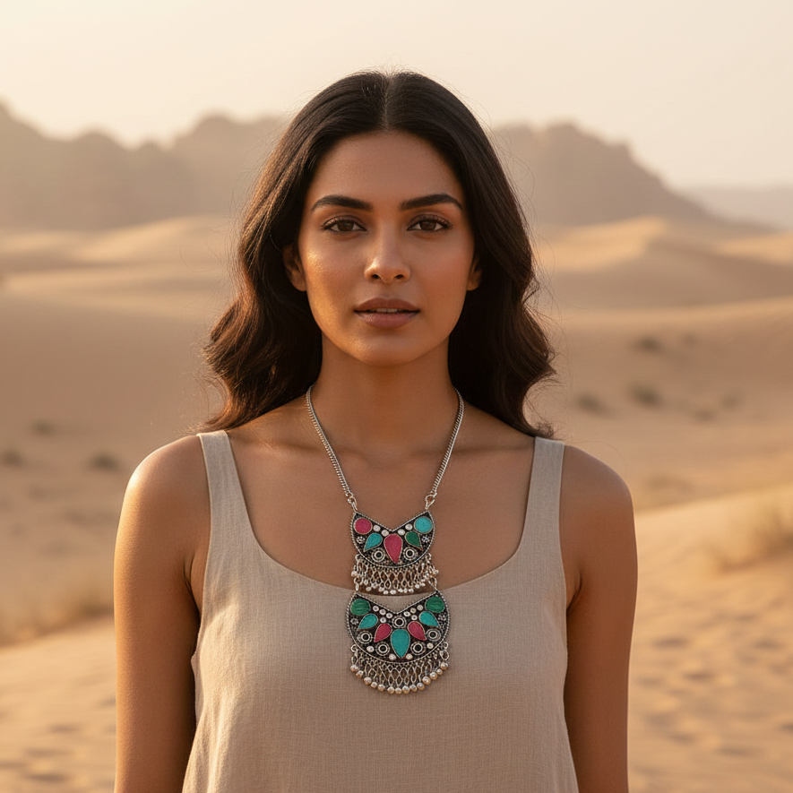 JewelMaze Elegant Oxidised long necklace For Traditional Wear