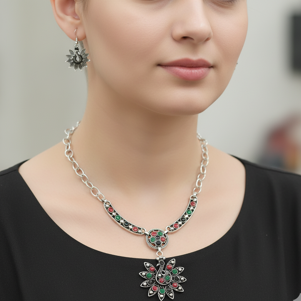 JewelMaze Antique Oxidised Jewelry Necklace Set For Women