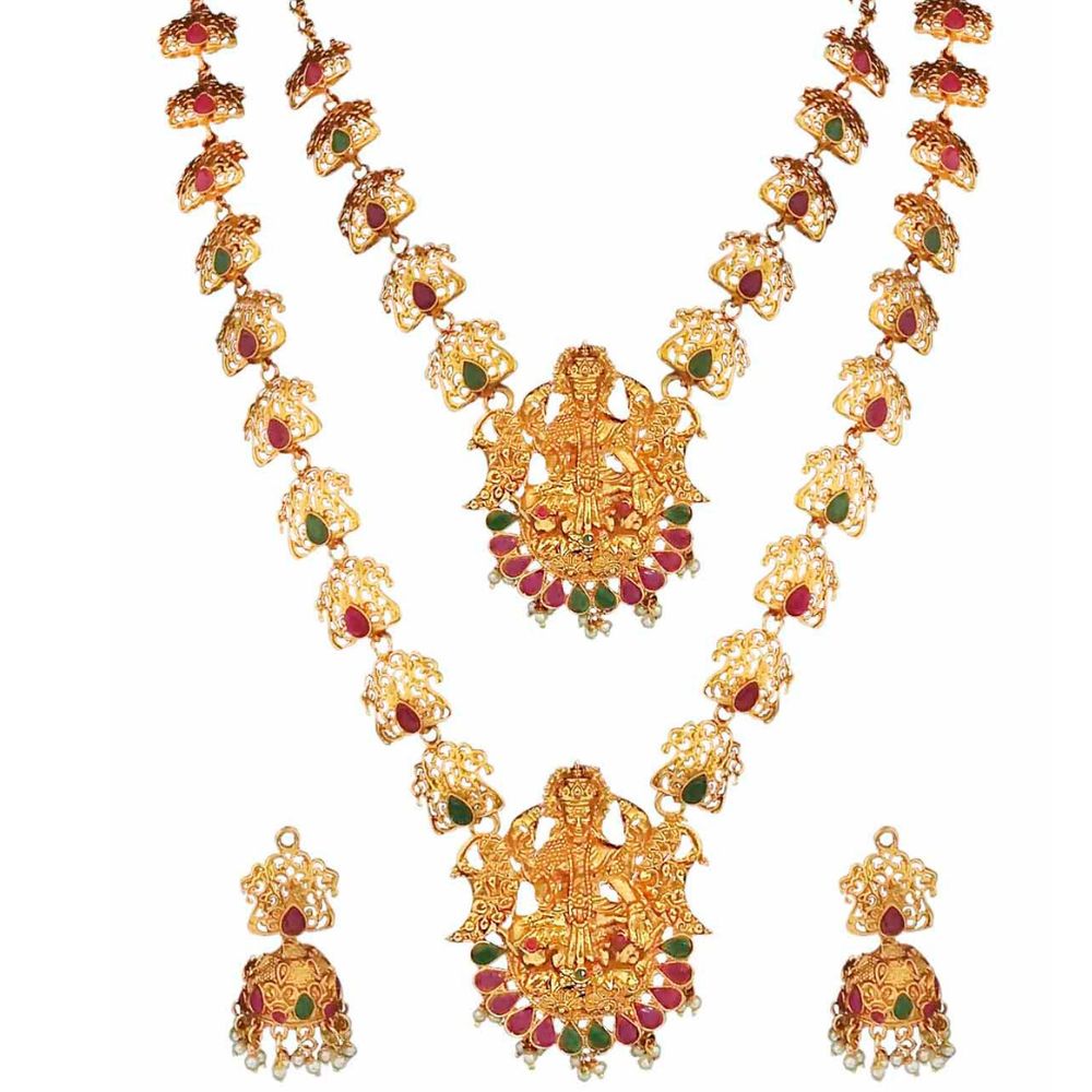 JewelMaze Gold Plated Pota Stone And Pearl Temple Necklace Set
