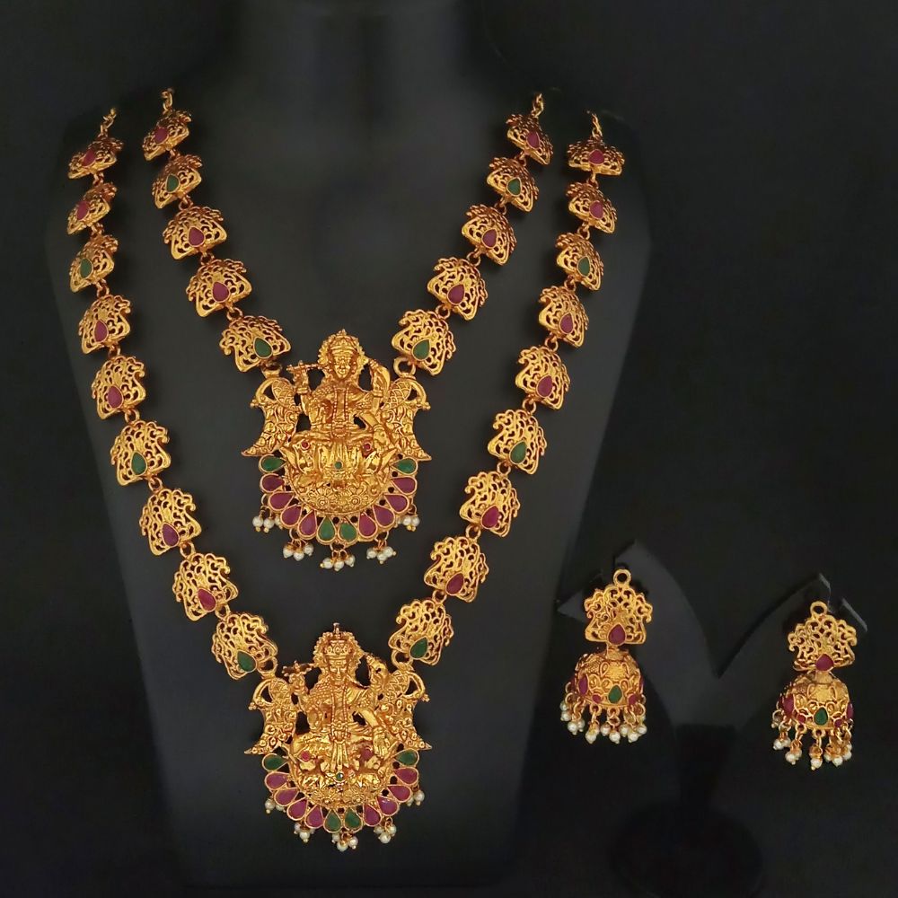 JewelMaze Gold Plated Pota Stone And Pearl Temple Necklace Set