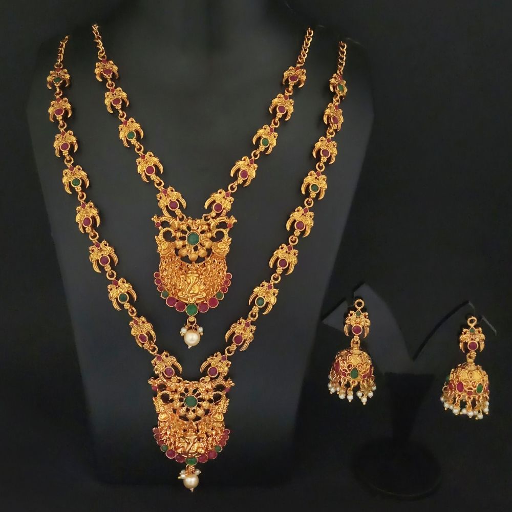 JewelMaze Gold Plated Pota Stone And Pearl Temple Necklace Set