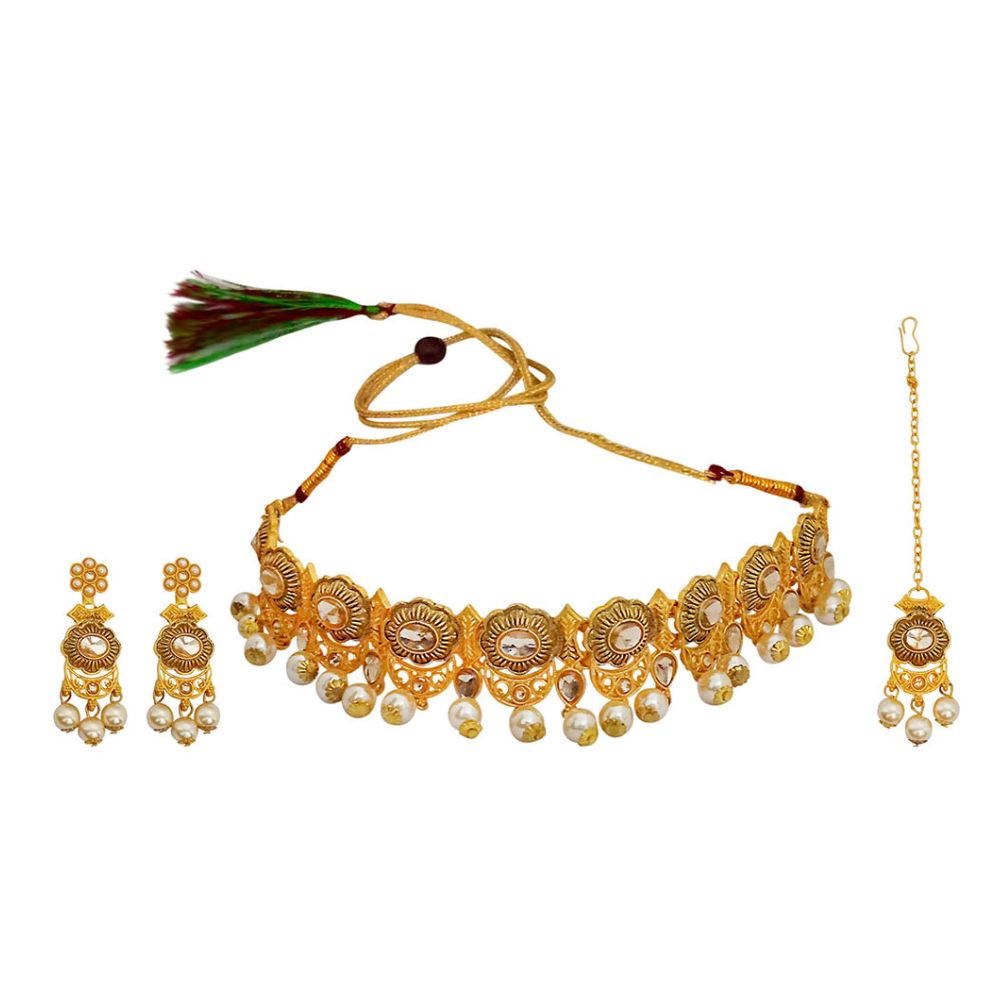 JewelMaze Traditional Crystal And Pearl Choker Necklace Set