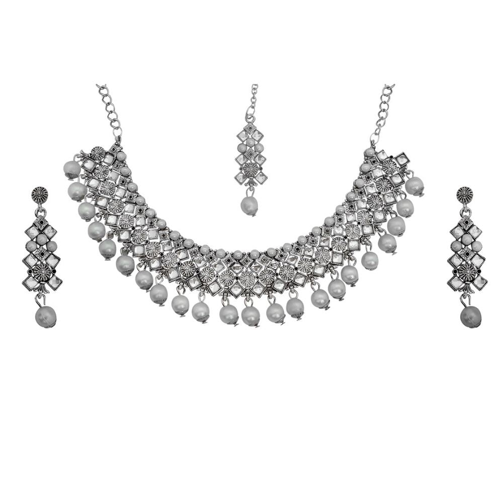 JewelMaze Sparkling Austrian Stone and Pearl Choker Necklace Set