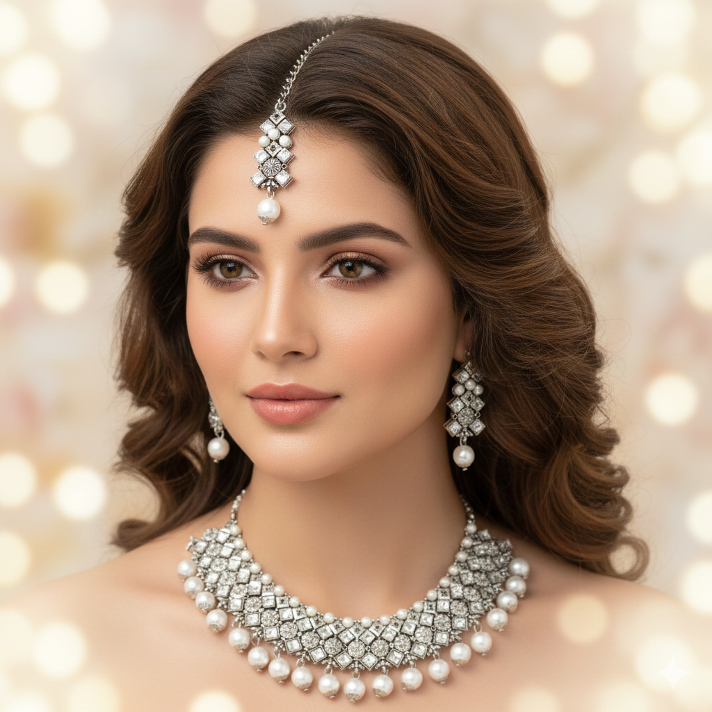 JewelMaze Sparkling Austrian Stone and Pearl Choker Necklace Set