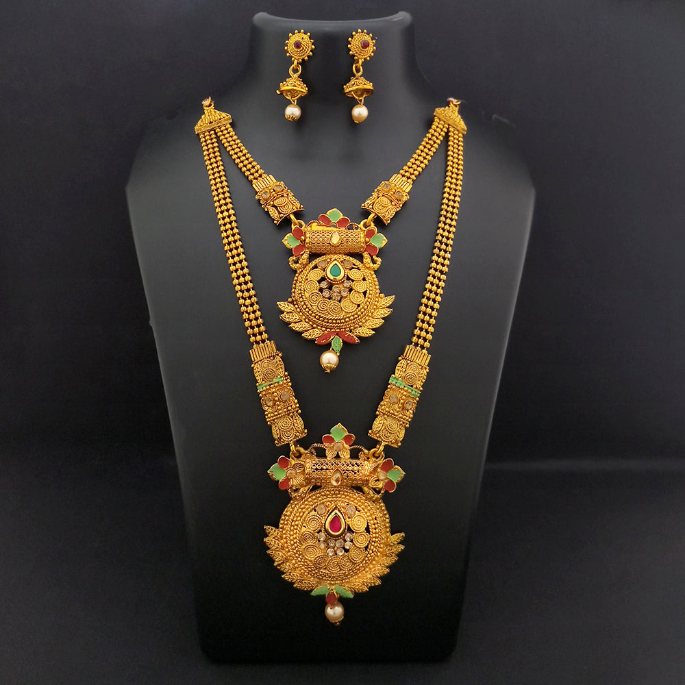JewelMaze Gold Plated Pota Stone And Pearl Double Necklace Set