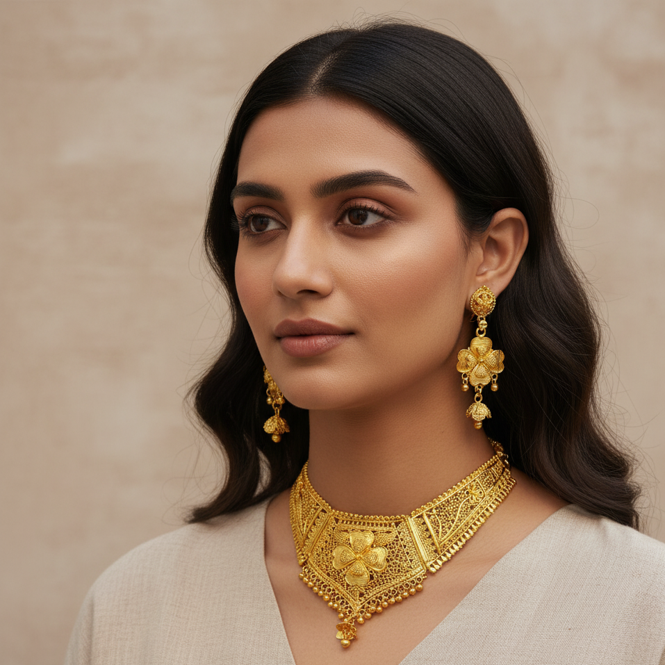 JewelMaze Gold Plated Traditional Designer Necklace & Earring Set